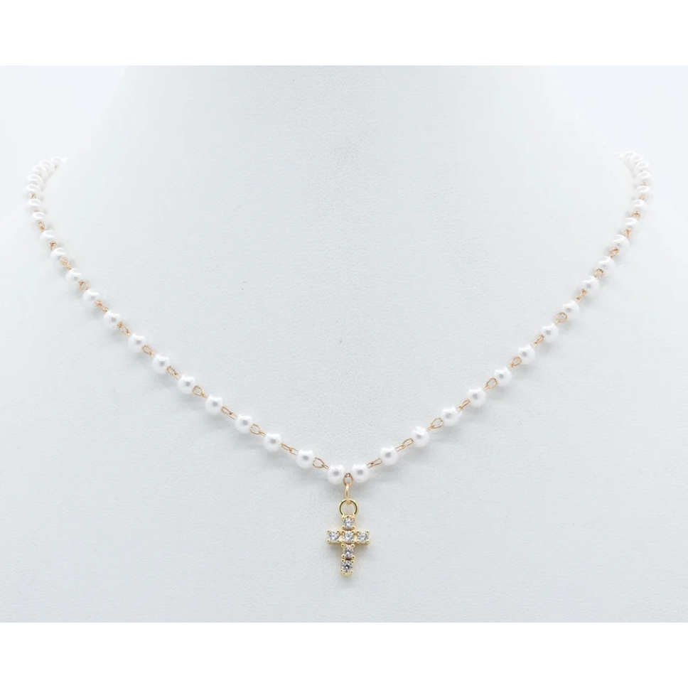 Small Pearl and Gold Chain 16"-18" Necklace with Small Gold Cross