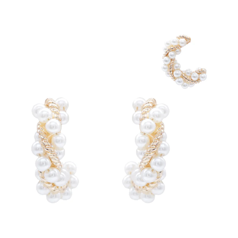 Gold Rhinestone and Pearl Wrapped 1.75" Hoop Earring