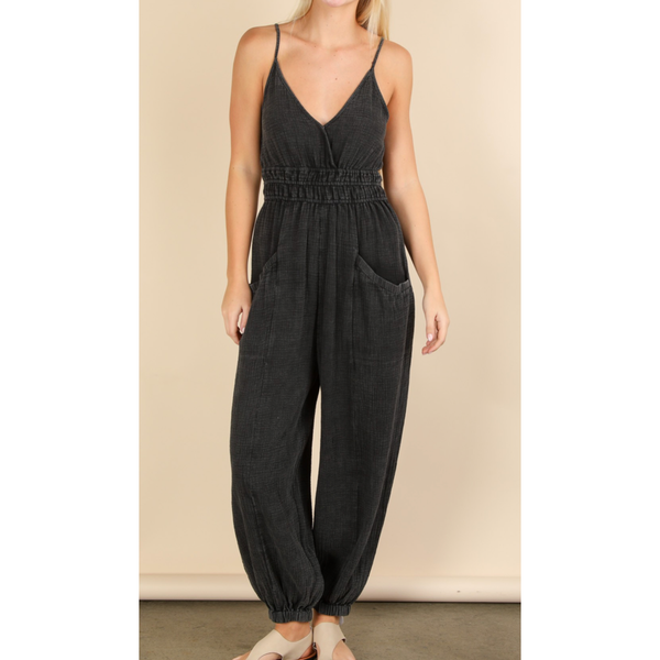 Mineral Washed Cotton Gauze Casual Jumpsuit