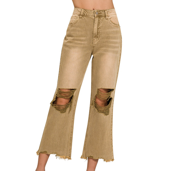 Washed Distressed Camel Cropped Pants by Southern Roots Clothing Company