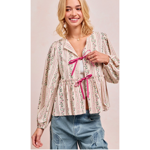 Floral Printed Woven Top With Balloon Sleeves
