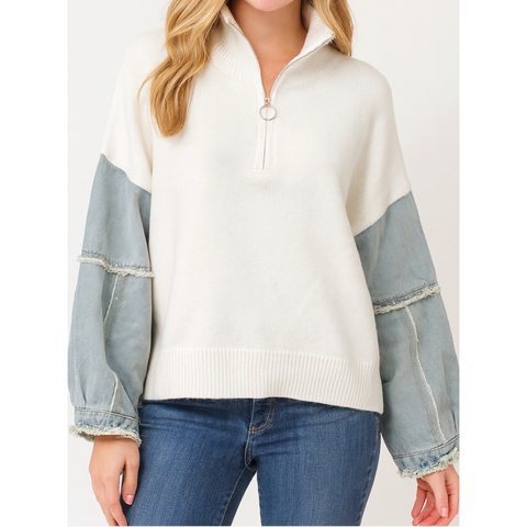 Denim Sleeve Zip-up Collar Pullover