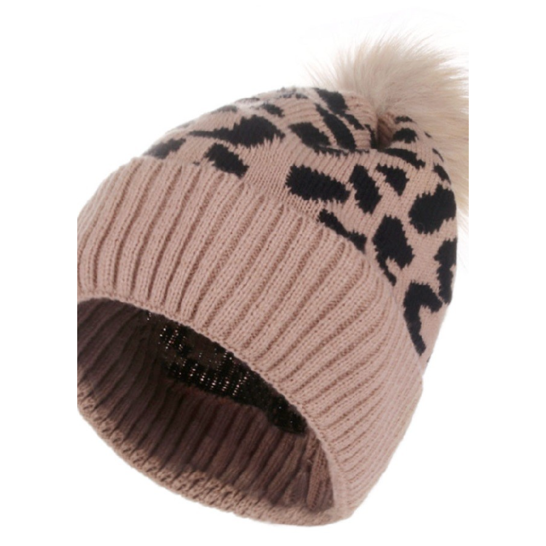 Leopard Pattern Knit Pom Pom Beanie