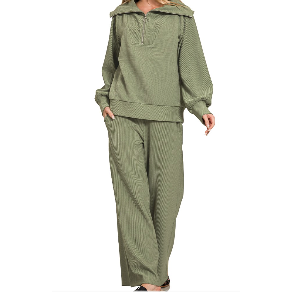 Ribbed High Neck Half Zip Pullover & Pants Set
