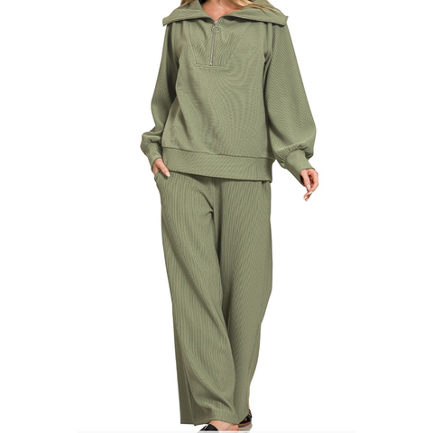 Ribbed High Neck Half Zip Pullover & Pants Set