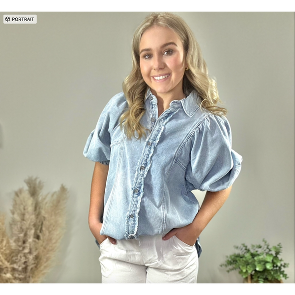 Chic Button-Down Denim Top with Shirred Puff Sleeves