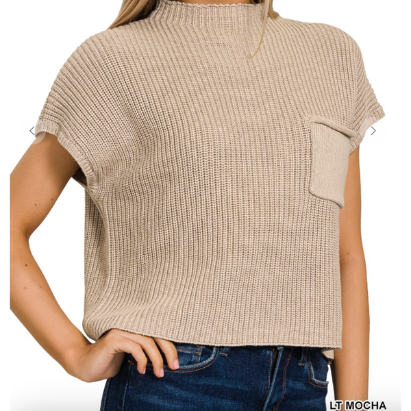 Mona Mock Neck Short Sleeve Cropped Sweater W/Pocket