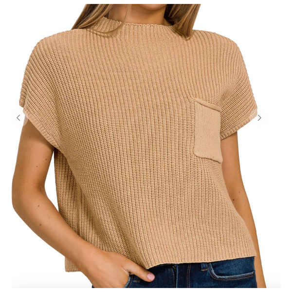 Mona Mock Neck Short Sleeve Cropped Sweater W/Pocket