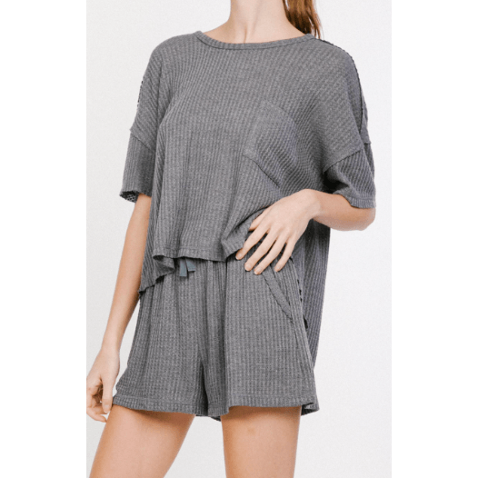 Casual Solid Waffle Top & Shorts Set