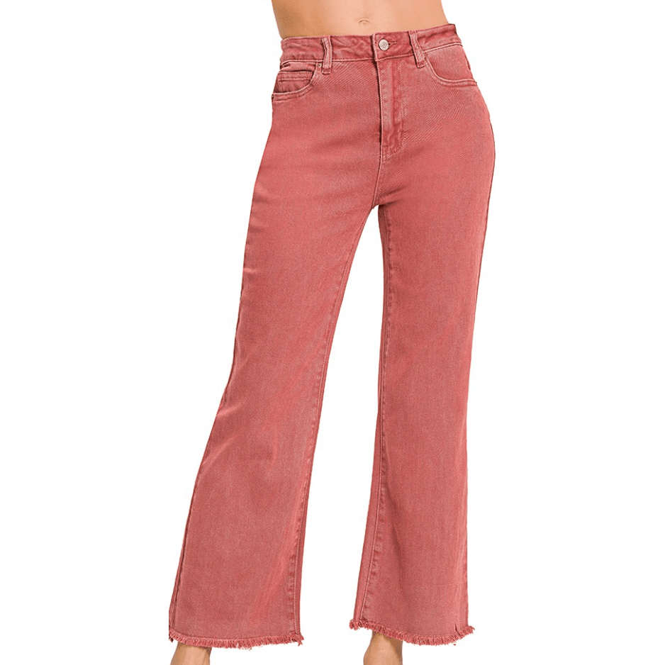 Acid Washed Frayed Cutoff Hem Straight Wide Pants - Cabernet