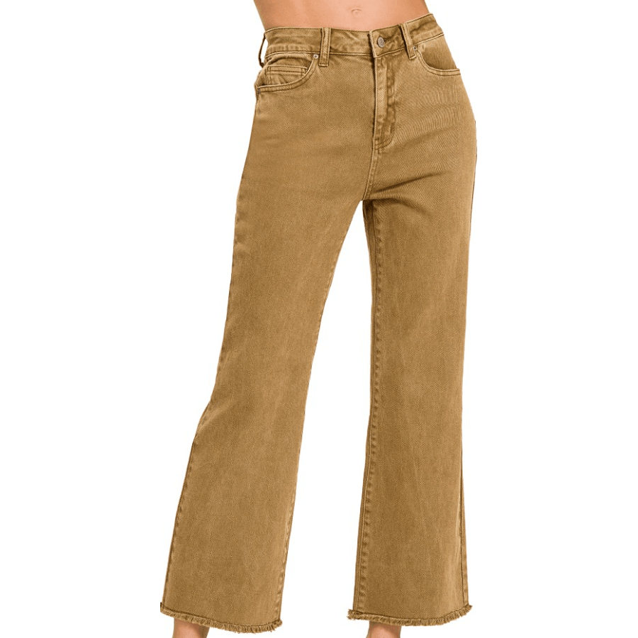 Acid Washed High Waist Frayed Hem Bootcut Pants - Deep Camel