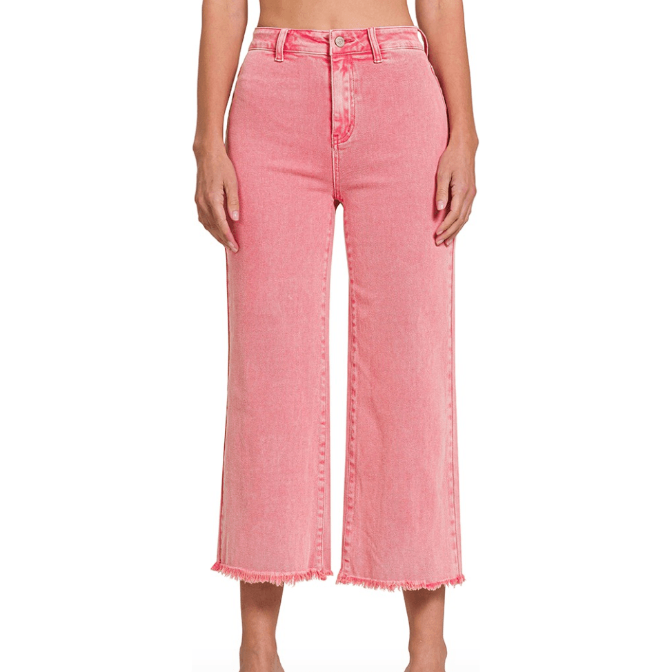 Acid Washed High Waist Frayed Hem Straight Pants - Ash Pink