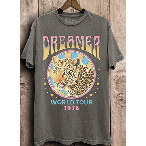 Dreamer Leopard World Tour Graphic Tee - Stone Gray Mineral Wash