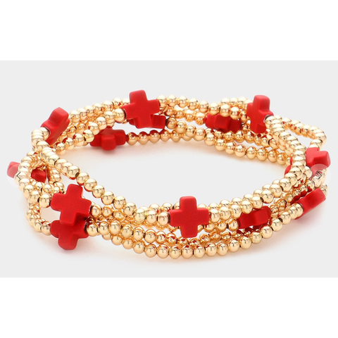 Cross Metal Ball Stretch Multi Bracelets - Red