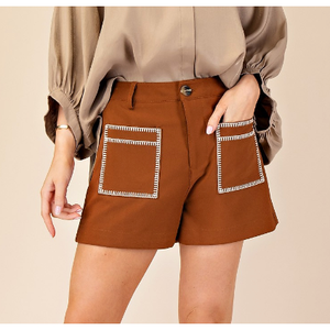 High Waisted Pocket Embroidered Shorts