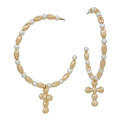 Water Resistant Pearl with Gold Cross 2" Hoop Earring