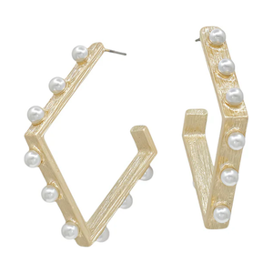 Gold Diamond Shape with Pearl Studs Hoop 2" Earring