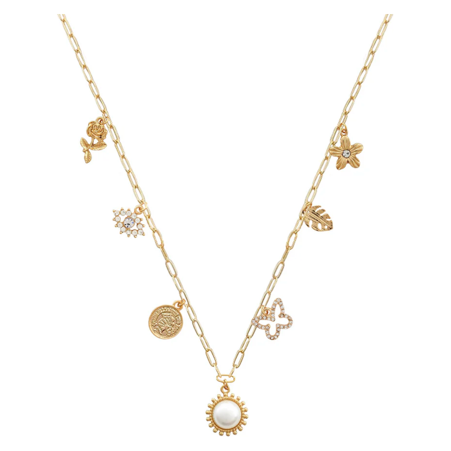 Gold Butterfly, Pearl, Flower Charm 16"-18" Necklace