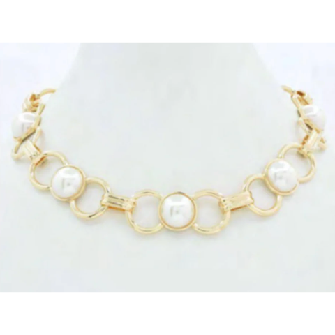 Gold Open Circles with Pearl 16"-18" Necklace