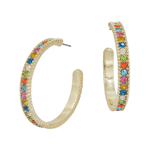 Gold Metal Hoop with Multi Crystal Accents 2" Earring