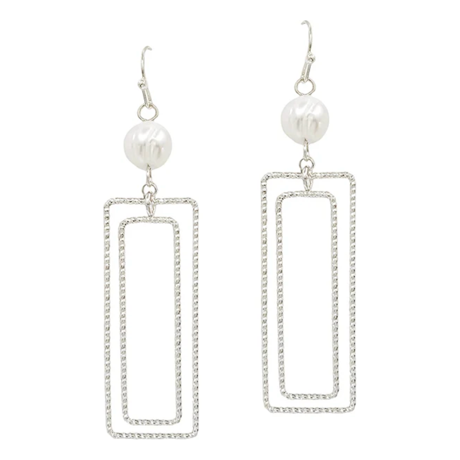 Silver Freshwater Pearl with Open Rectangle 2" Earring