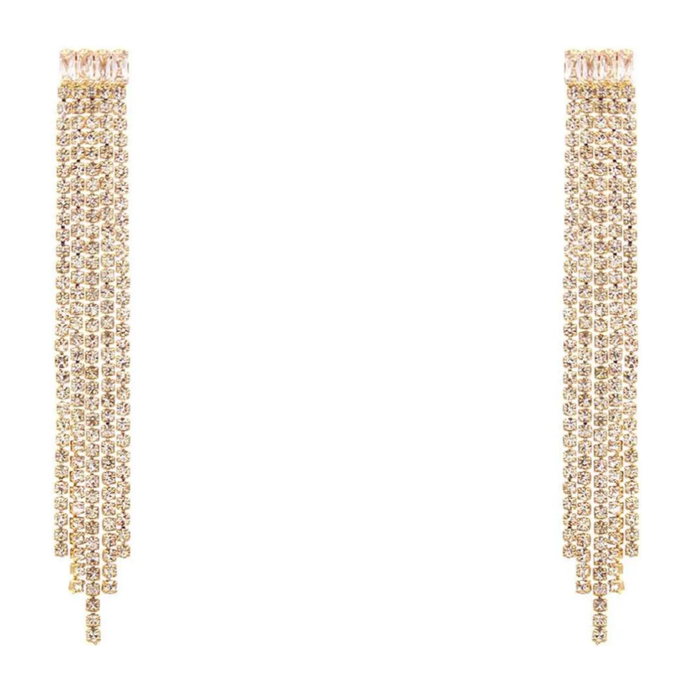 Gold Rhinestone Fringe Tassel 3" Earring