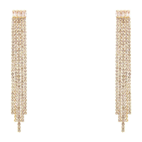 Gold Rhinestone Fringe Tassel 3" Earring