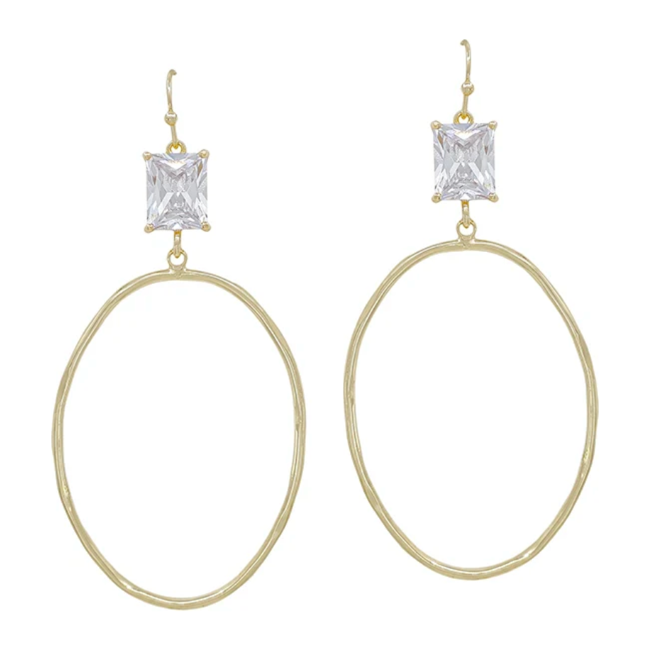 Clear Crystal with Gold Open Oval Drop 2" Earring