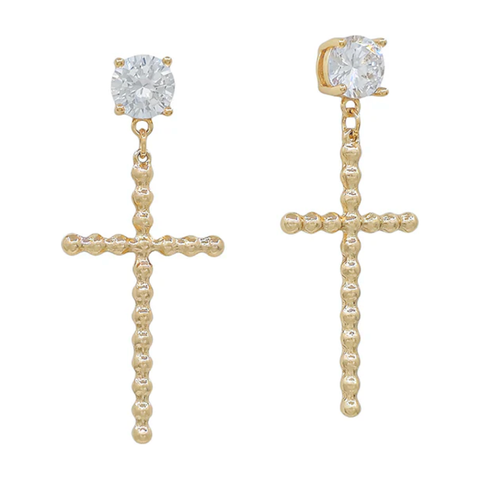 Water Resistant Crystal Stud with Gold Studded Cross 2" Earring