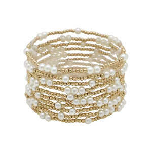 Gold Beaded and Pearl Stretch Bracelet - Single