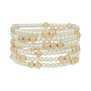 Water Resistant Gold Textured and Pearl Beaded Bracelet