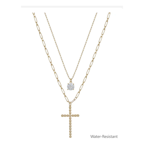 Gold Cross Layered With Crystal Necklace