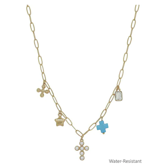 Gold Chain With Pearl, Teal Cross and Star Charm