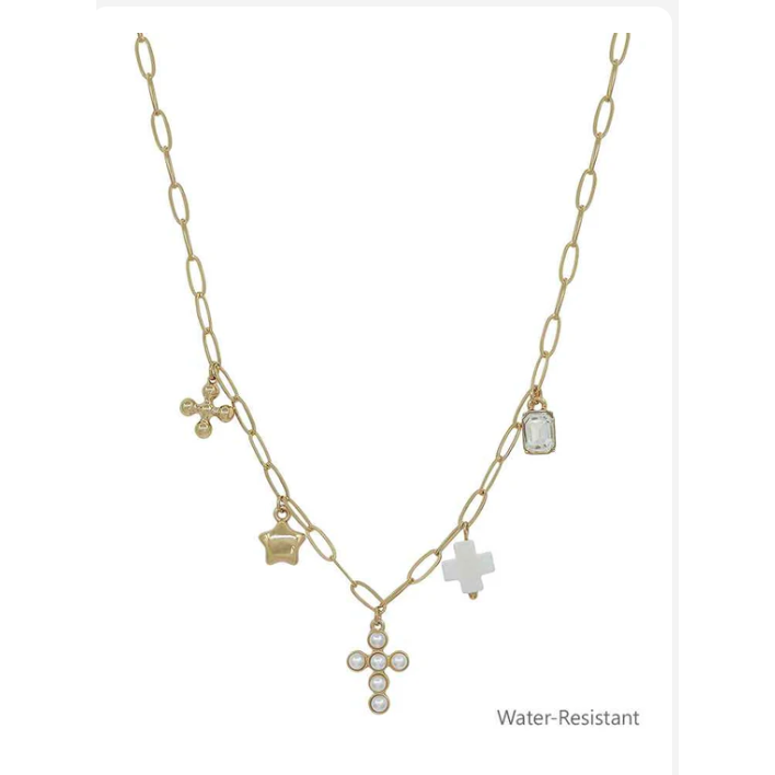 Gold Chain With Pearl, White Cross and Star Charm