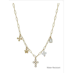 Gold Chain With Pearl, White Cross and Star Charm