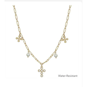 Gold Pearl Cross and Pearl Charm Necklace