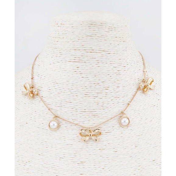 Gold Chain With Pearl and Gold Bow Charms