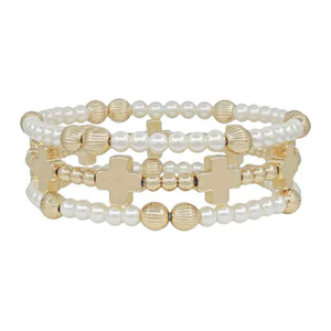 Gold Beaded with Cross and Pearl Set Bracelets