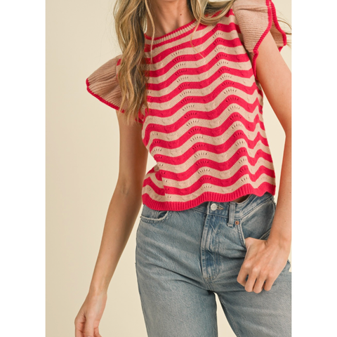 Wavy Stripes Flutter Sleeve Sweater Top