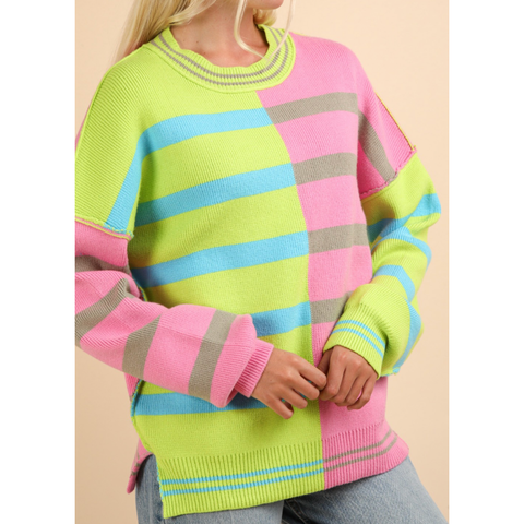 Color Block Oversized Striped Knit Sweater Top