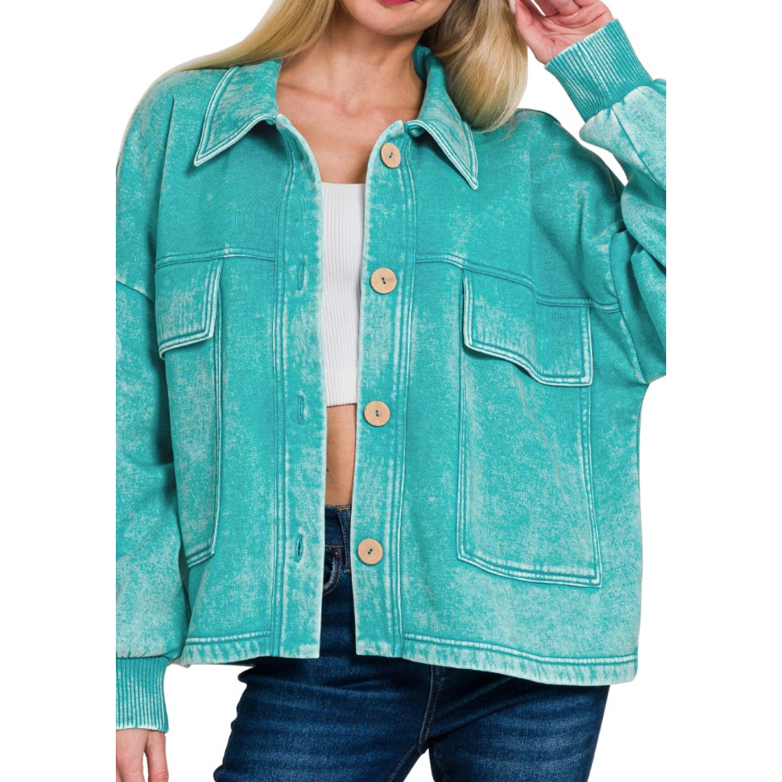 Light Teal Acid Washed Fleece Shacket