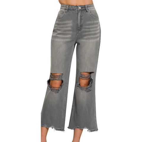 Washed Distressed Cropped Jeans