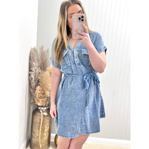 Blu Pepper - WASHED HALF BUTTON WAIST TIE MINI DRESS