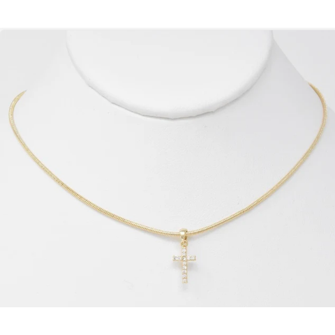 Gold Snake Chain with Rhinestone Cross 16"-18" Necklace