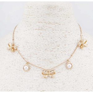 Gold Chain with Pearl and Gold Bow Charms 16"-18" Necklace