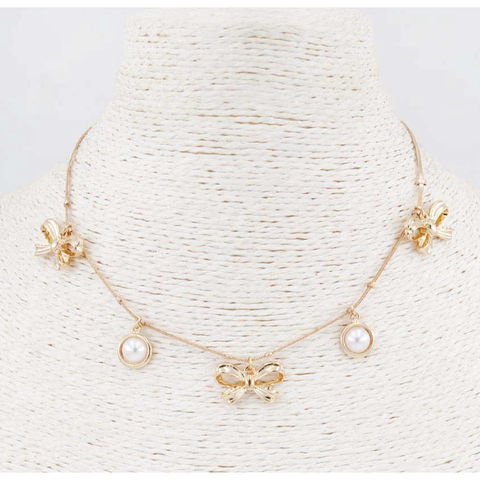 Gold Chain with Pearl and Gold Bow Charms 16"-18" Necklace