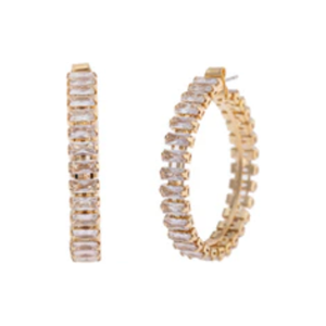 Gold Baguette Rhinestone Wrapped 1.25" Hoop Earring