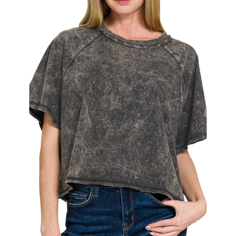 Acid Washed Round Neck Crop Tee - Ash Black