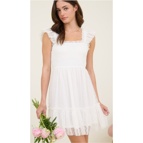 Polka Dot Chiffon Smocked Ruffle Detail Mini Dress