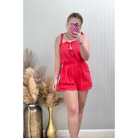 Eyelet Lace Front Bow Tie Romper